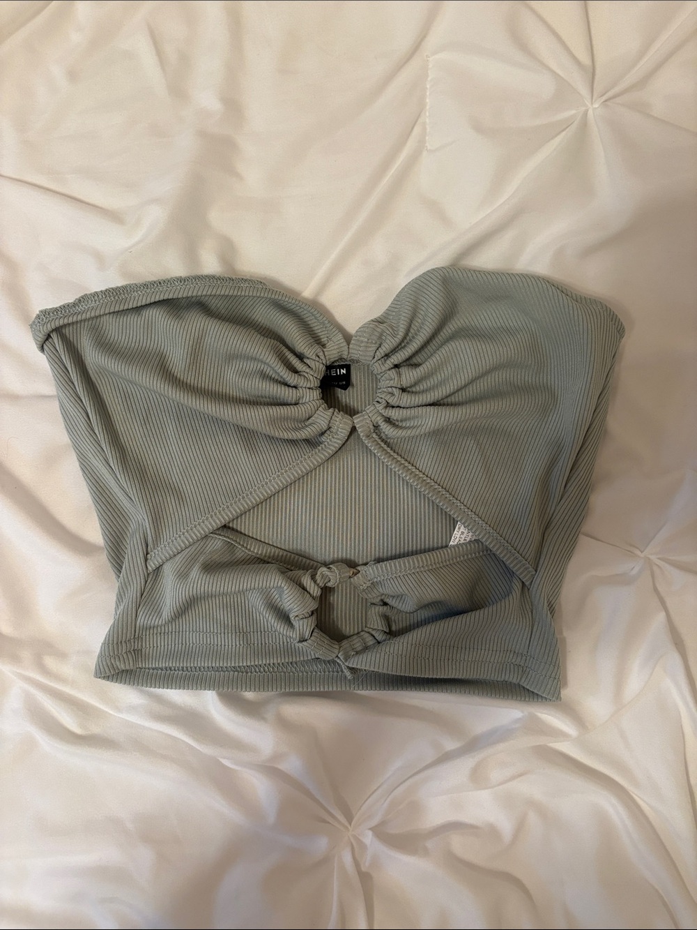 SHEIN Sage Green Ribbed Strapless Cutout Crop Top